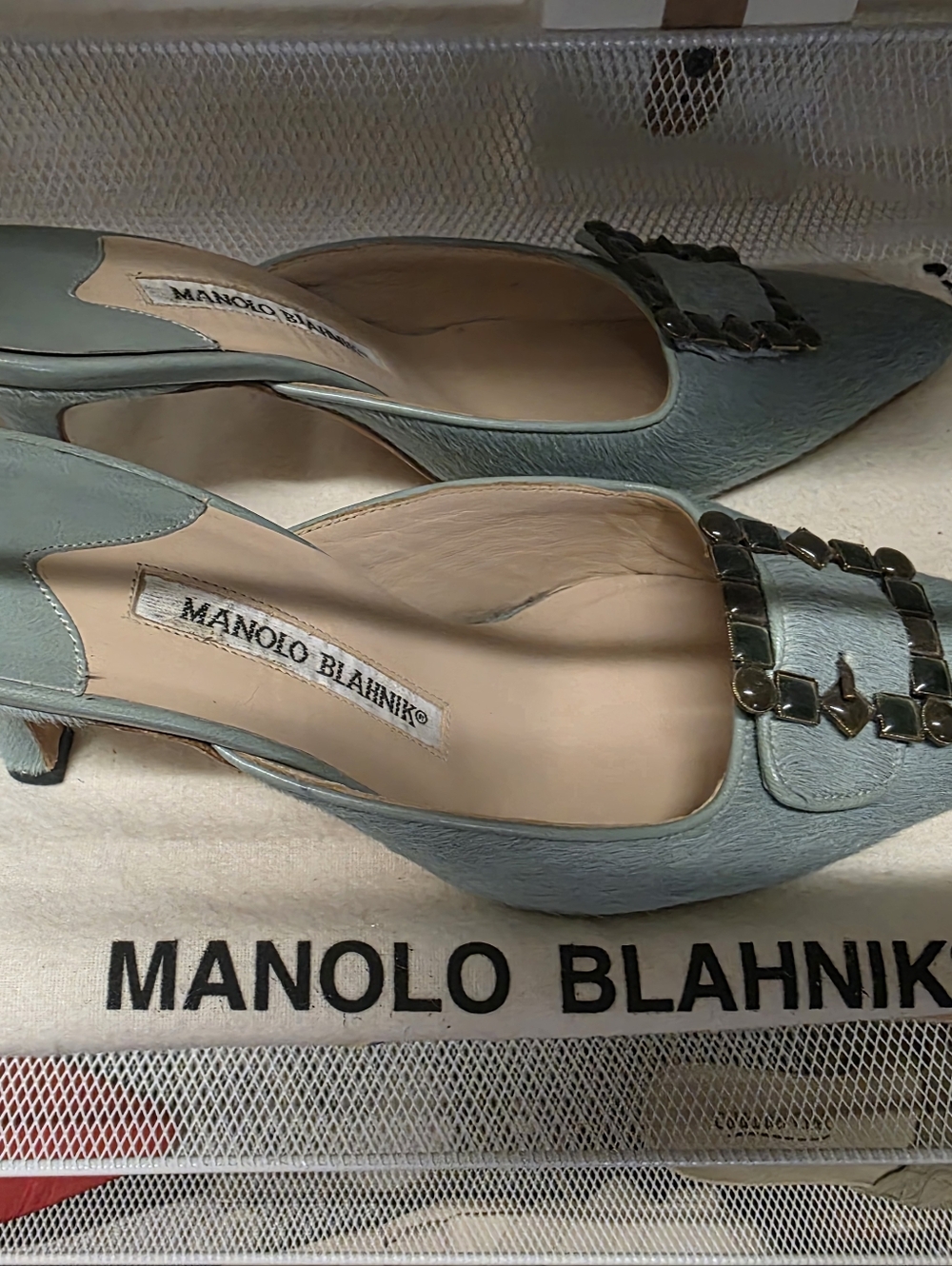 Manolo Blahnik Pale Blue Leather Flats with Decorative Buckle